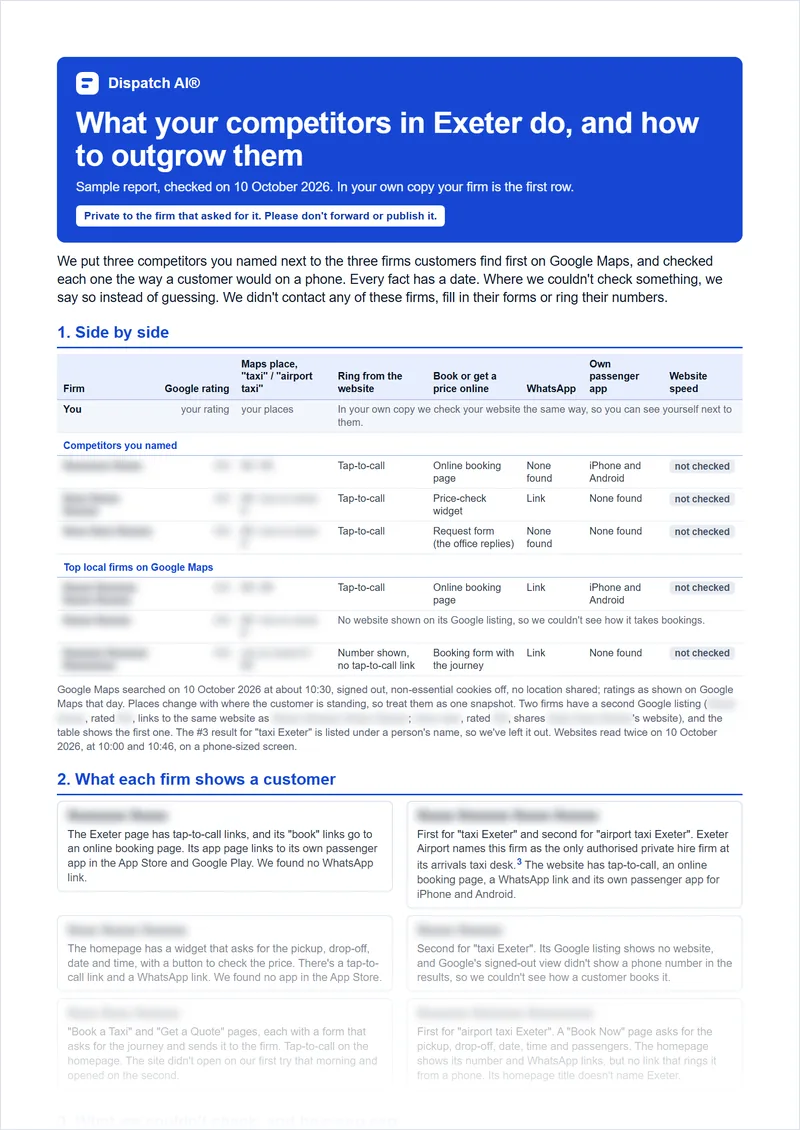 A sample page of the competitor report, with the firms and their figures blurred.