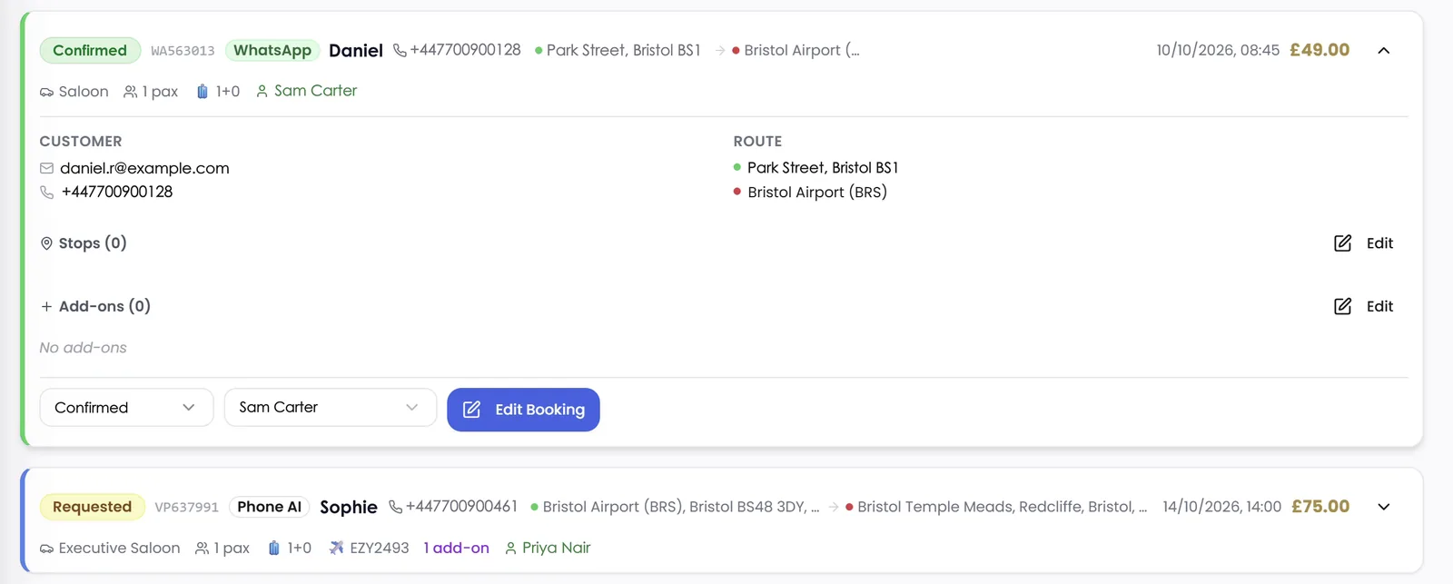 A booking opened up in Dispatch AI: its status, where it came from, the customer, the driver, and its stops and extras. Names and numbers are made up.