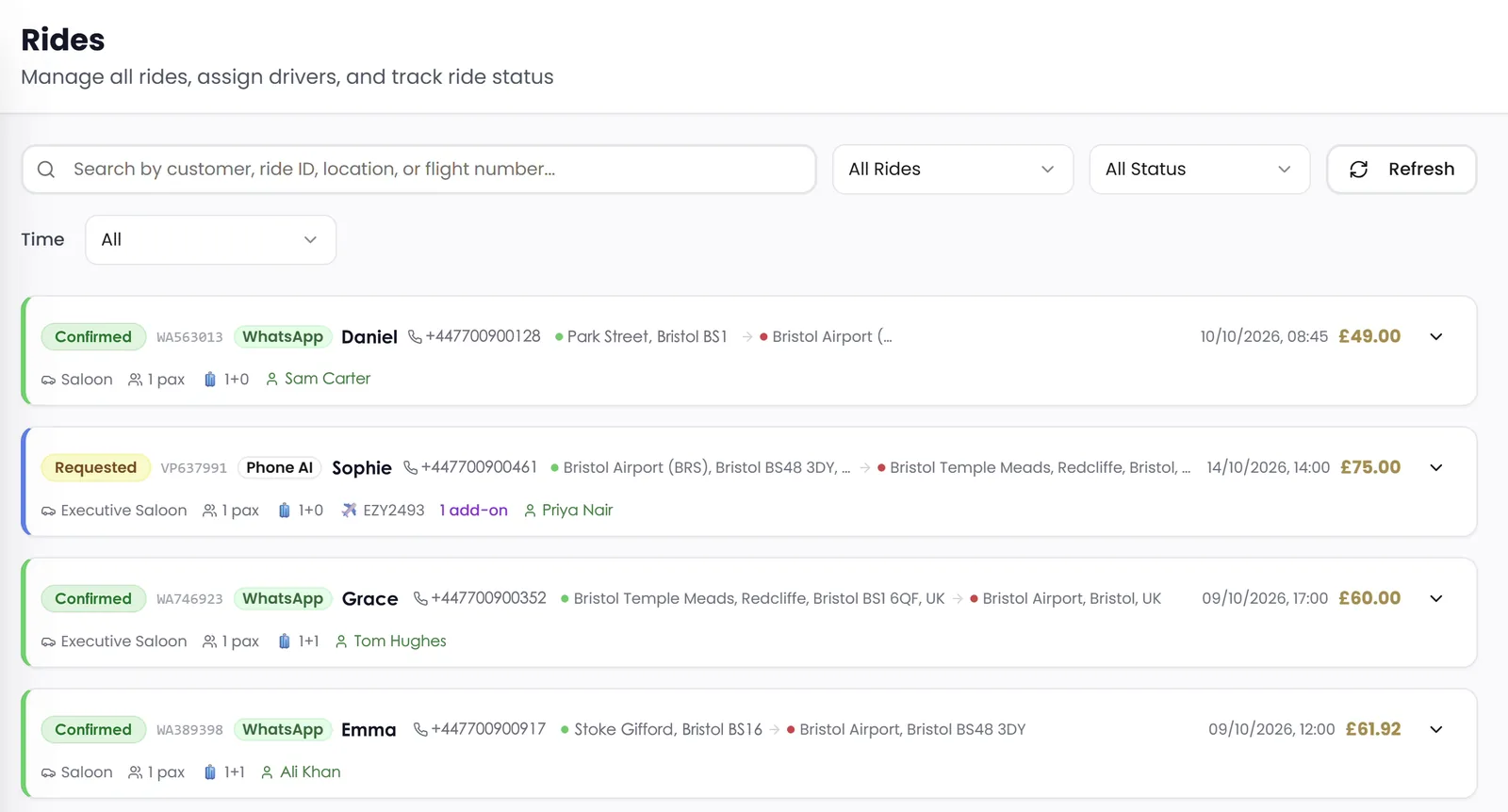 The bookings list in Dispatch AI. Each job shows its status, its source (the phone agent or WhatsApp) and its driver. Names and numbers are made up.