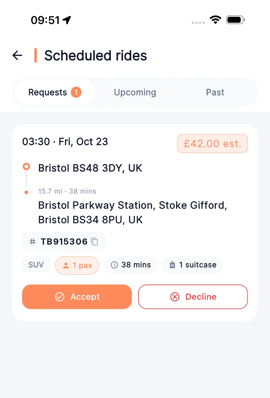 A job request on the driver app, with the pickup time, the pickup and drop-off, the vehicle, and Accept and Decline buttons. Details are made up.