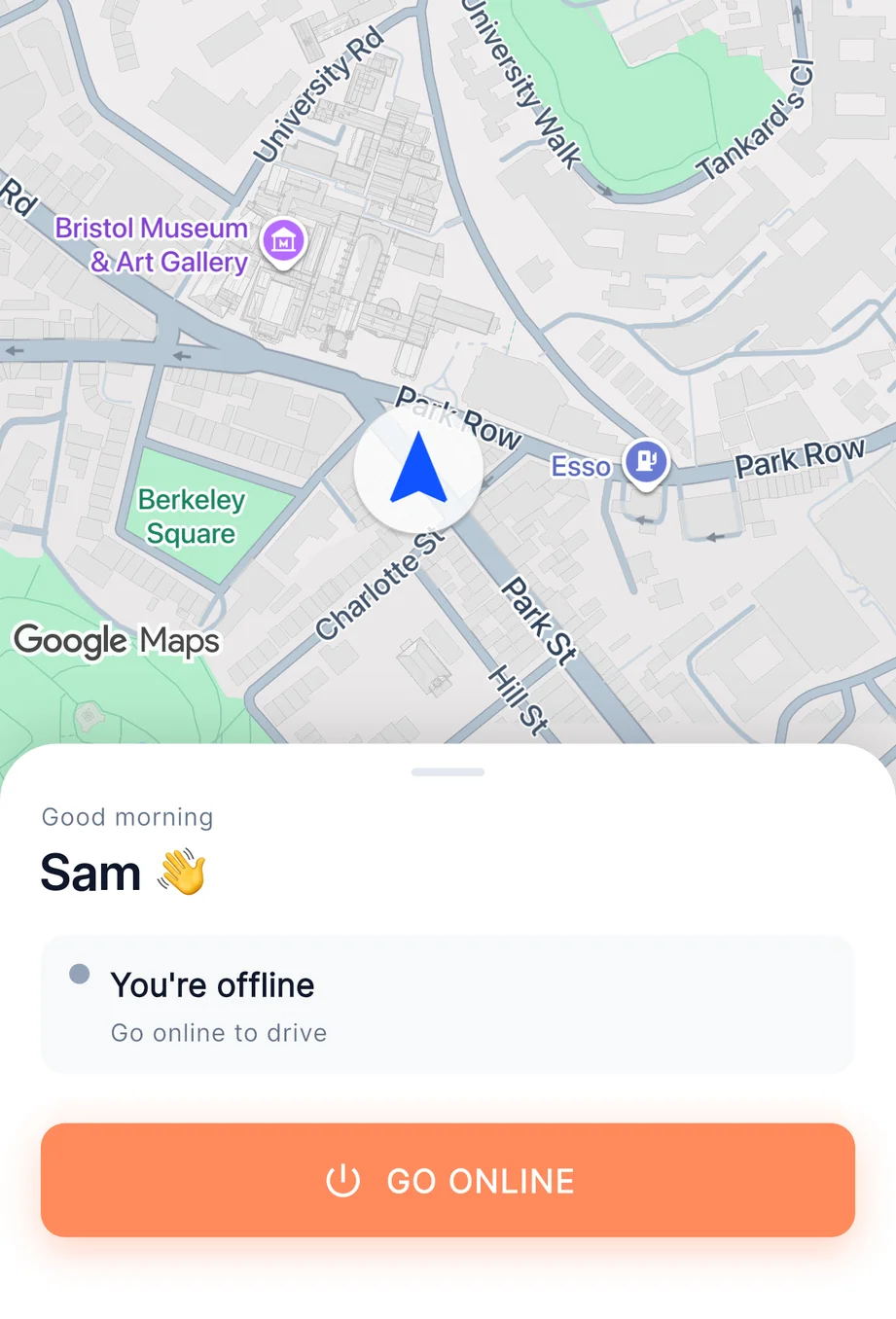 The driver app's start screen, with the map and the button to go online.