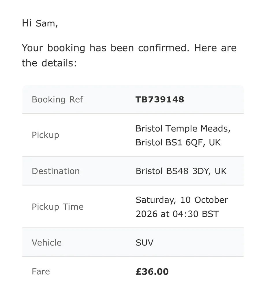 The booking confirmation email the passenger gets, with the pickup, destination, pickup time, vehicle and fare.