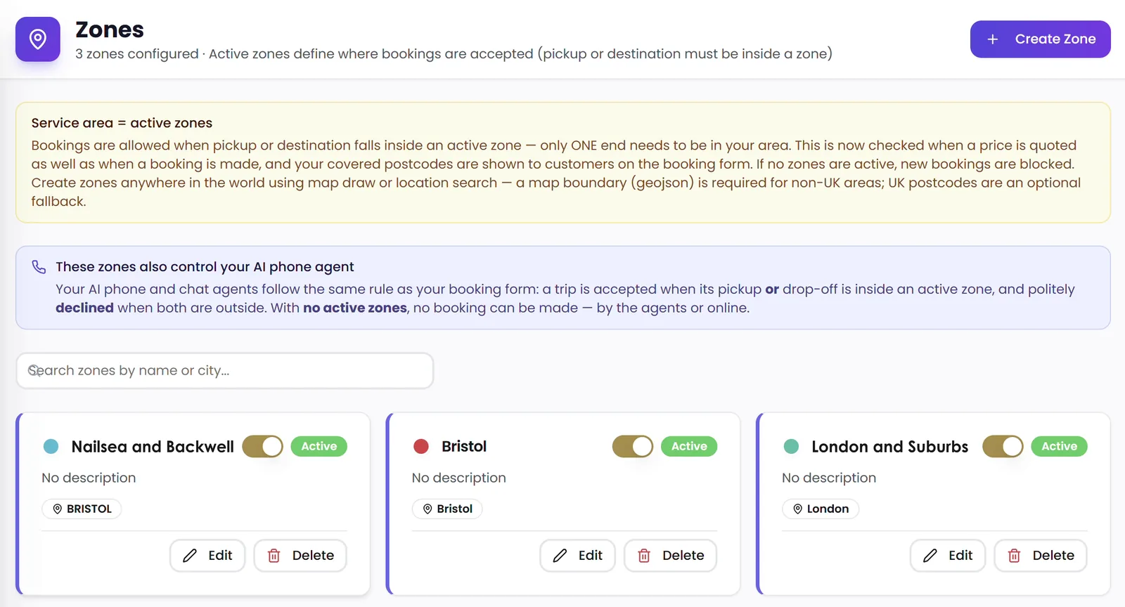 The zones screen in Dispatch AI, with the Nailsea and Backwell zone switched on. Active zones set where bookings are accepted.